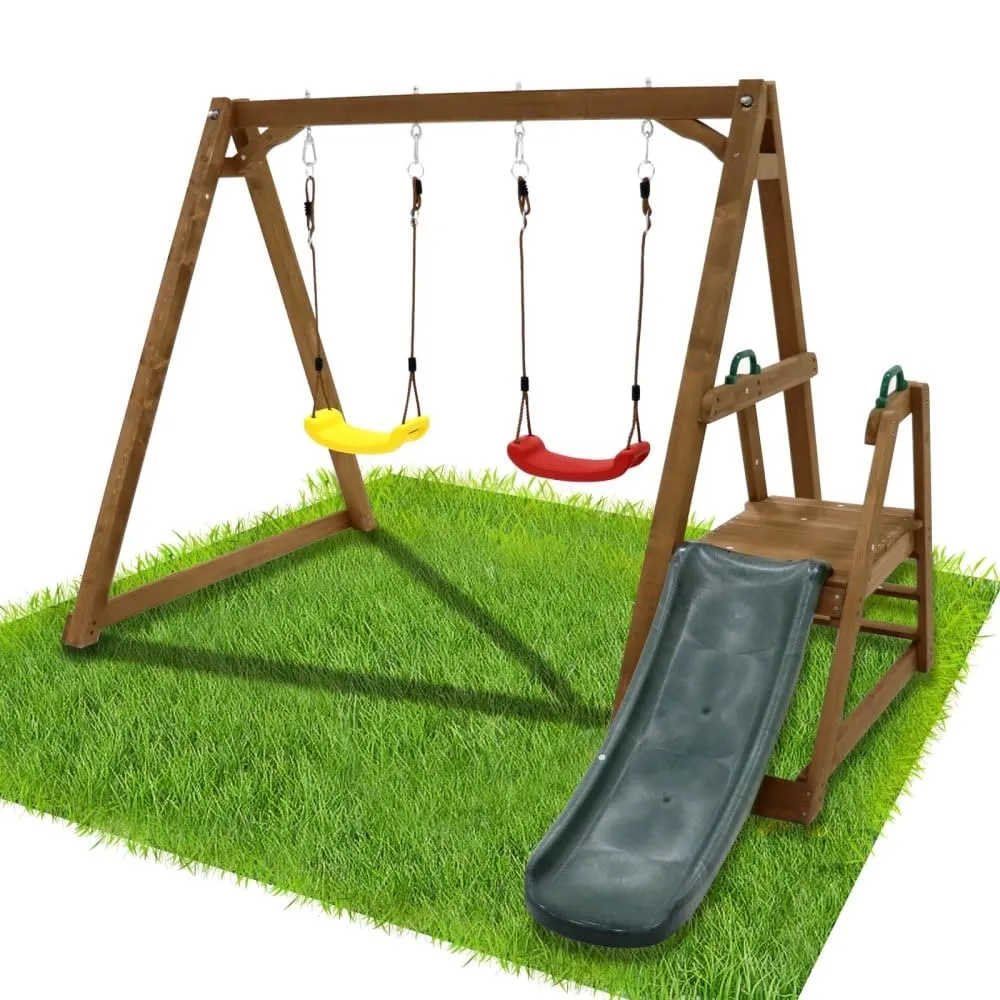 2 in 1 Natural Outdoor Wood ing Set for Backyard with Slide Brown