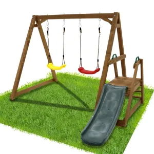 2 in 1 Natural Outdoor Wood ing Set for Backyard with Slide Brown