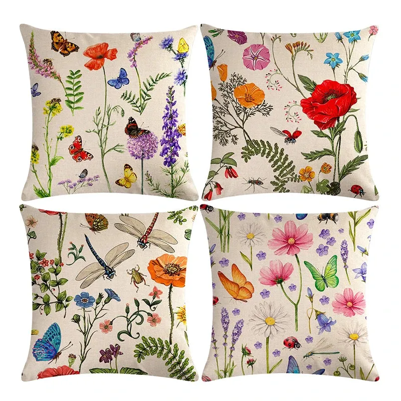 4-Piece Outdoor Patio Throw Pillow Set Covers Summer Spring Garden Flower Print Décor Outdoor Furniture Swing Seat Bench Chair Deck Pillows