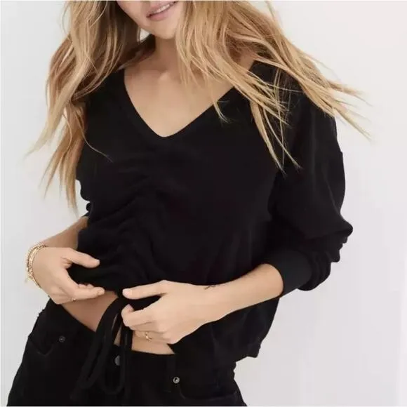 Aerie‎ Terry Cloth Muted Black Long Sleeve Cinch Pullover Sweater Sz XS NEW