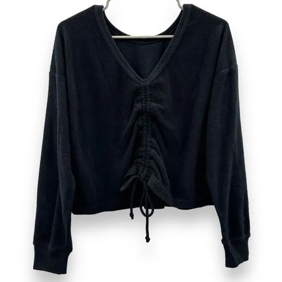 Aerie‎ Terry Cloth Muted Black Long Sleeve Cinch Pullover Sweater Sz XS NEW