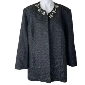 Alfred Dunner Women Size 18W Black Metallic Long Sleeve Open Front Tweed Jacket