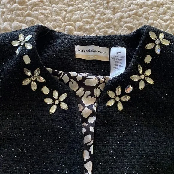 Alfred Dunner Women Size 18W Black Metallic Long Sleeve Open Front Tweed Jacket