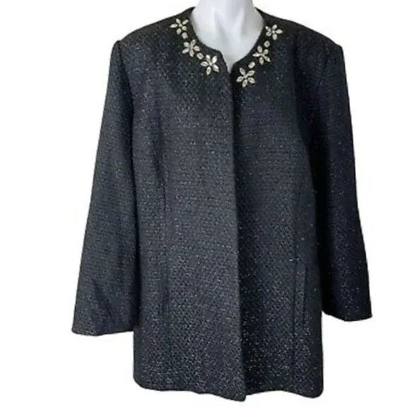 Alfred Dunner Women Size 18W Black Metallic Long Sleeve Open Front Tweed Jacket