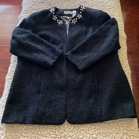 Alfred Dunner Women Size 18W Black Metallic Long Sleeve Open Front Tweed Jacket