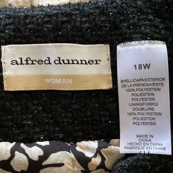 Alfred Dunner Women Size 18W Black Metallic Long Sleeve Open Front Tweed Jacket