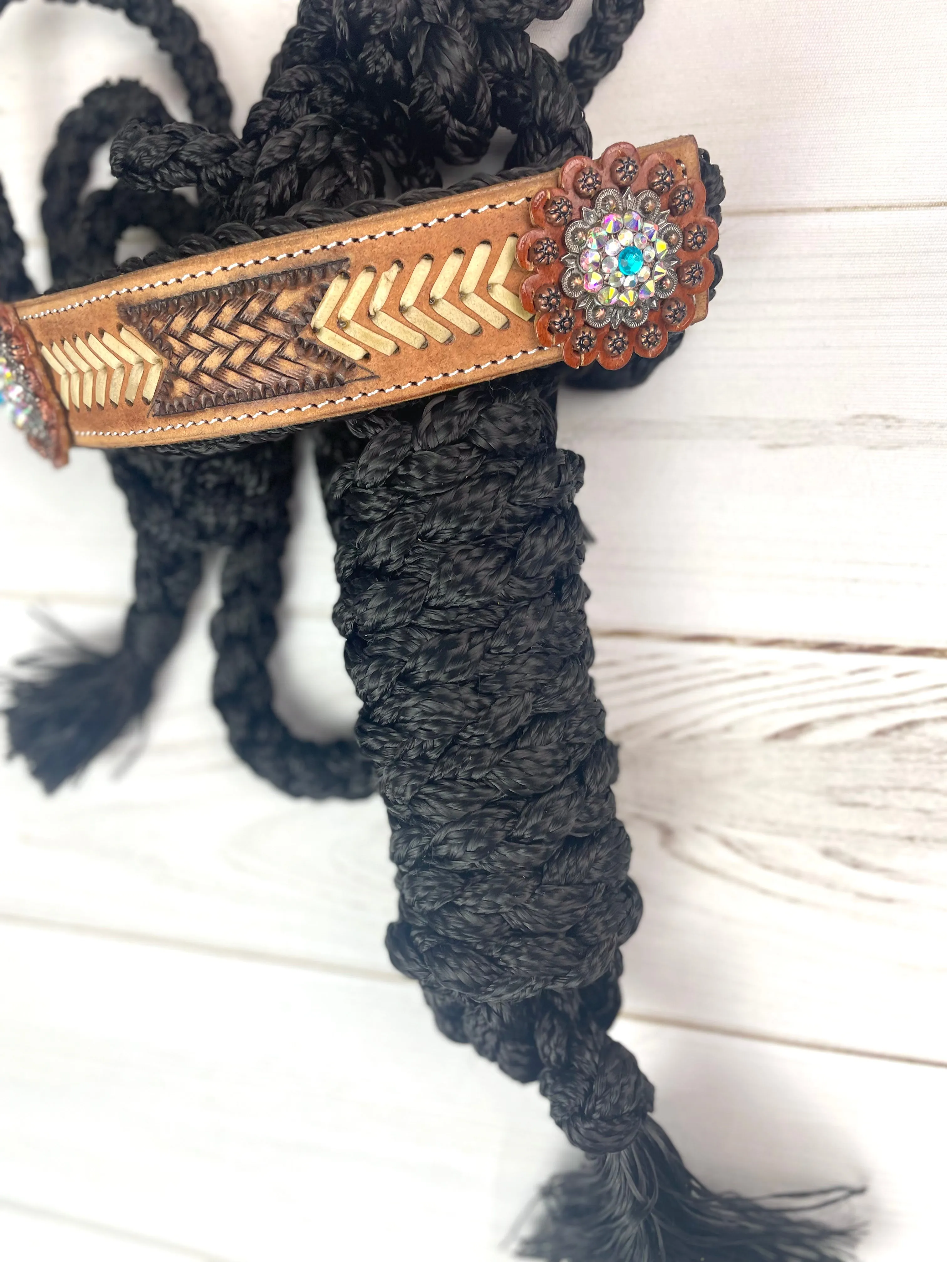 Arrow Stitch Leather Tooled Band on Black Muletape Halter