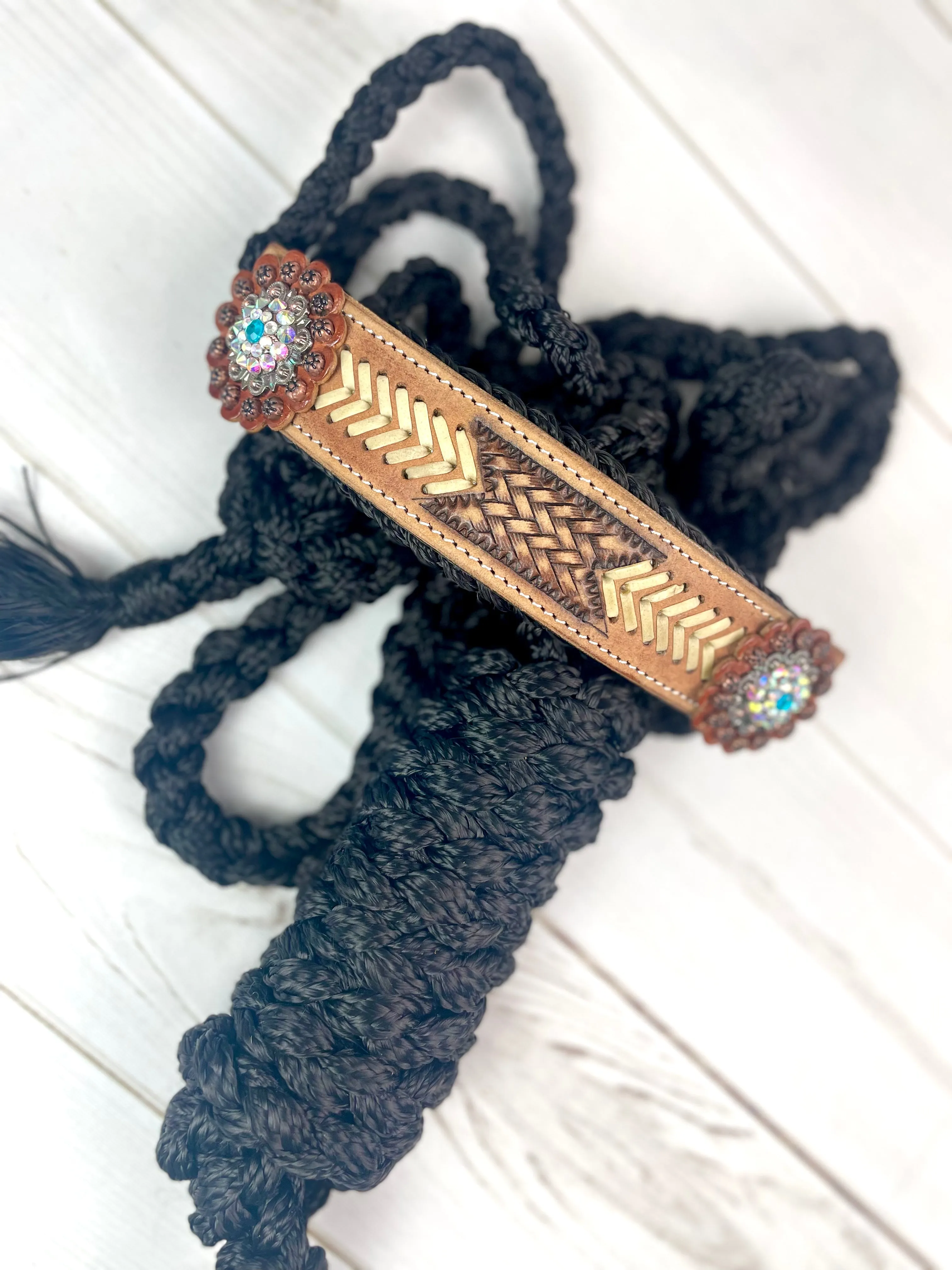 Arrow Stitch Leather Tooled Band on Black Muletape Halter