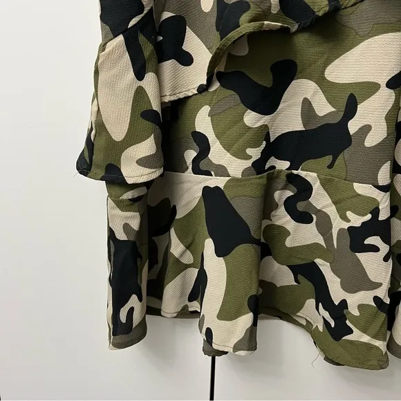 ASOS Black Green &amp; Khaki Camo Midi Asymmetrical Tiered Ruffle Warp Skirt Sz L