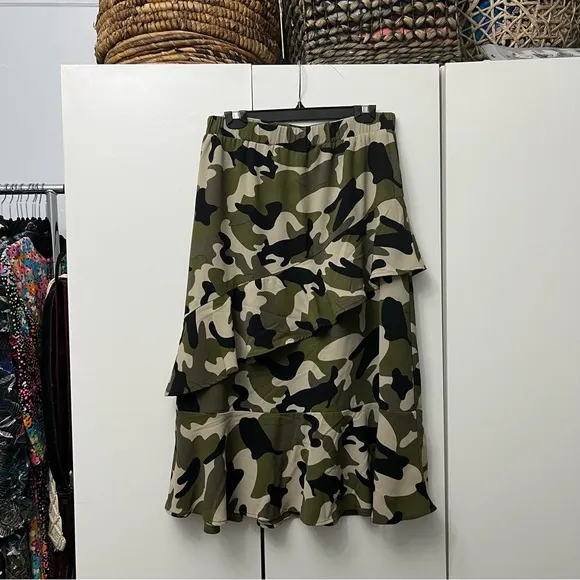 ASOS Black Green &amp; Khaki Camo Midi Asymmetrical Tiered Ruffle Warp Skirt Sz L