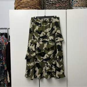 ASOS Black Green &amp; Khaki Camo Midi Asymmetrical Tiered Ruffle Warp Skirt Sz L