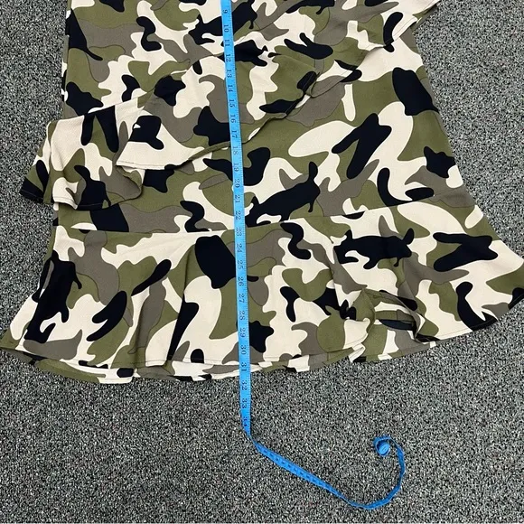 ASOS Black Green &amp; Khaki Camo Midi Asymmetrical Tiered Ruffle Warp Skirt Sz L