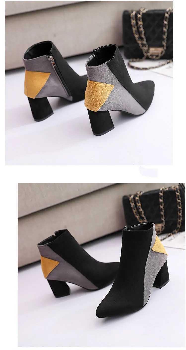 Autumn and Winter Boots High Heel Thick with Pointed Scrubs Martin Boots Side Zipper Boots