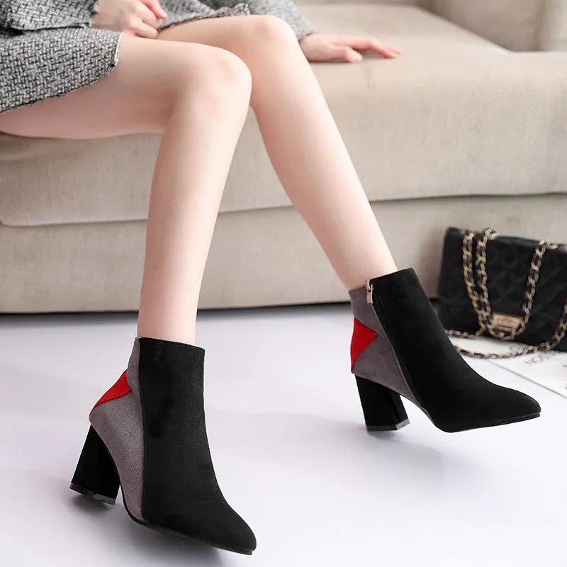 Autumn and Winter Boots High Heel Thick with Pointed Scrubs Martin Boots Side Zipper Boots