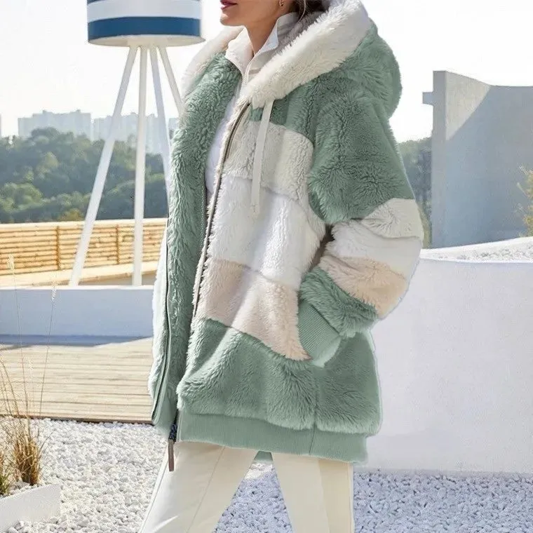 Autumn Winter Warm Plush Pocket Hooded Streetwear Loose Lady Outerwear