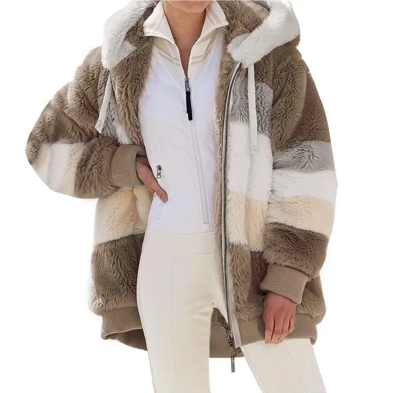 Autumn Winter Warm Plush Pocket Hooded Streetwear Loose Lady Outerwear