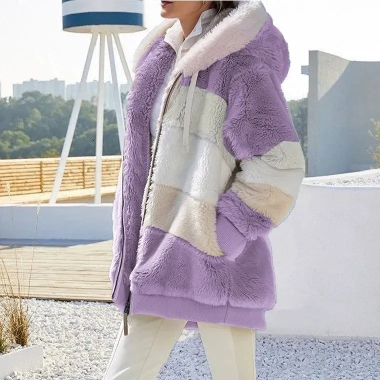 Autumn Winter Warm Plush Pocket Hooded Streetwear Loose Lady Outerwear
