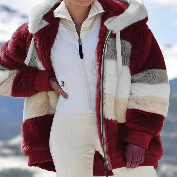 Autumn Winter Warm Plush Pocket Hooded Streetwear Loose Lady Outerwear