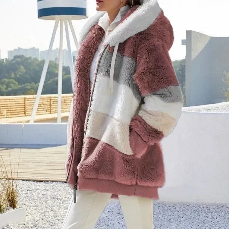 Autumn Winter Warm Plush Pocket Hooded Streetwear Loose Lady Outerwear