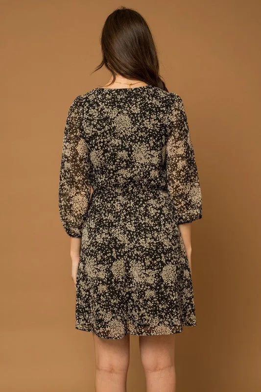 Black & Ivory Floral Print Long Sleeve Dress