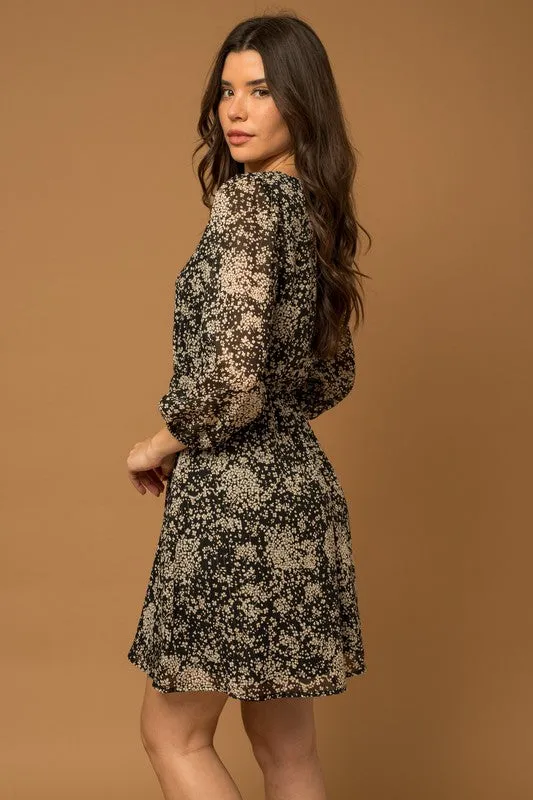 Black & Ivory Floral Print Long Sleeve Dress
