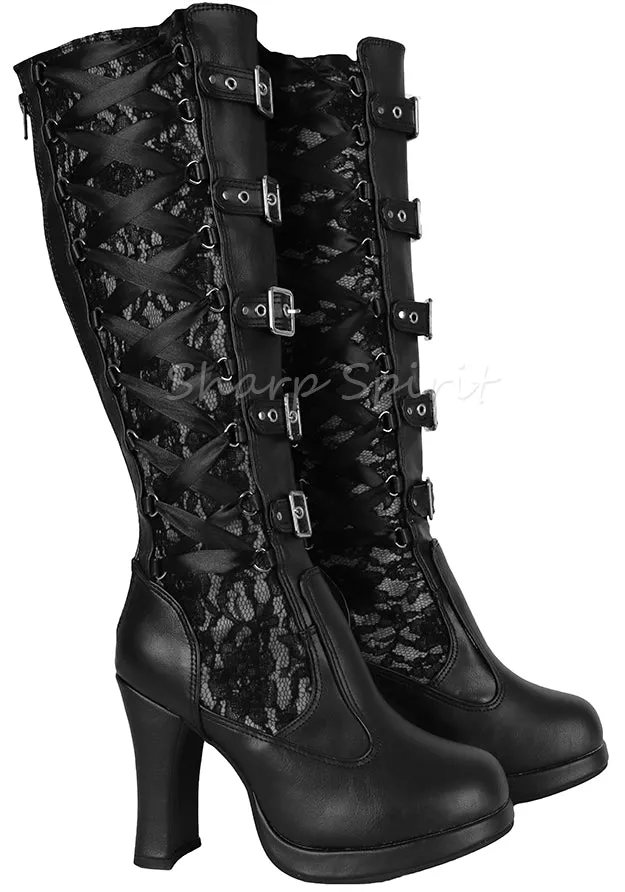 Black Corset Victorian Lace Up Military Combat Witch Womens Boots