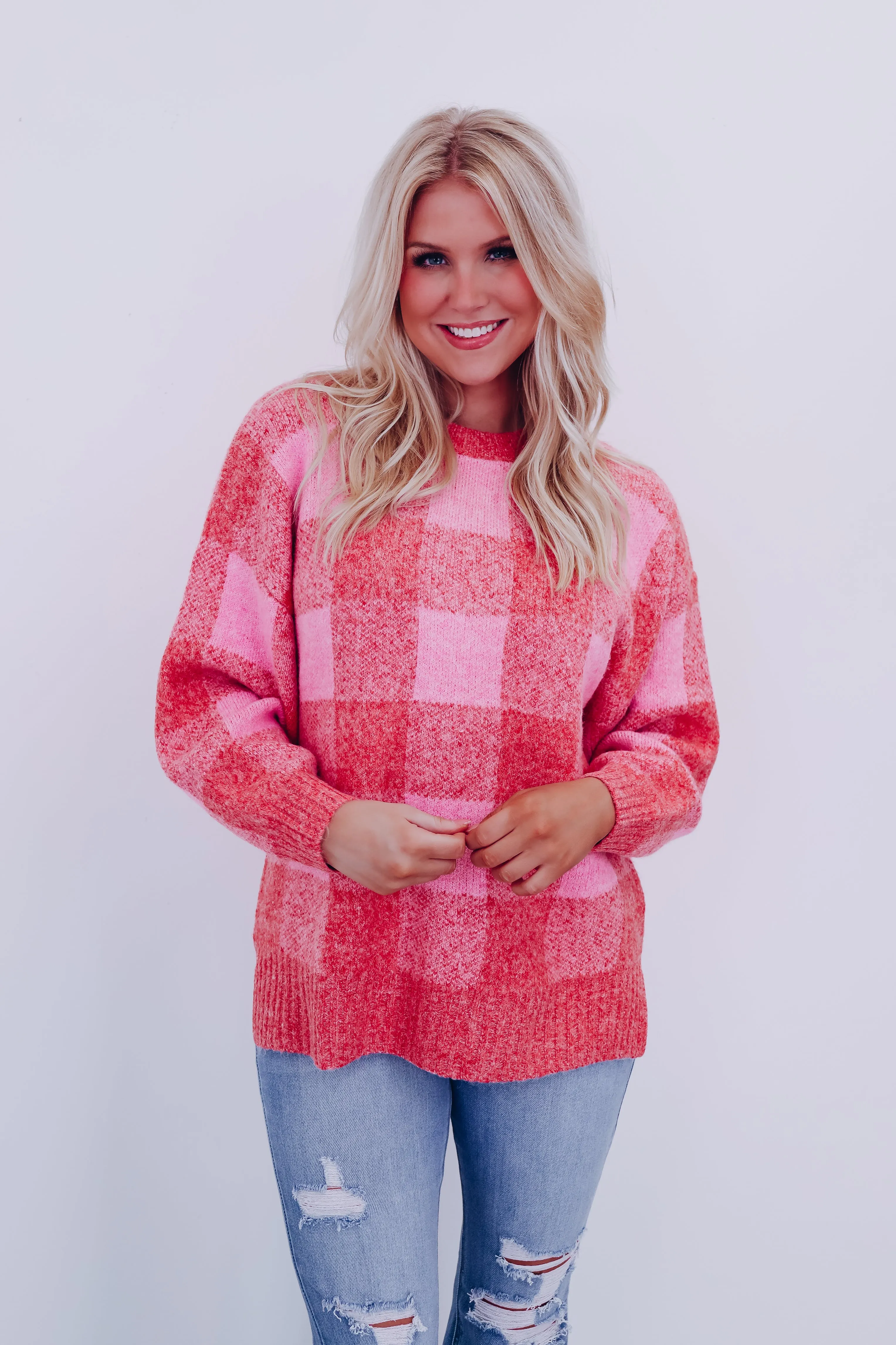 Fergie Fuzzy Checkered Sweater - Red/Pink