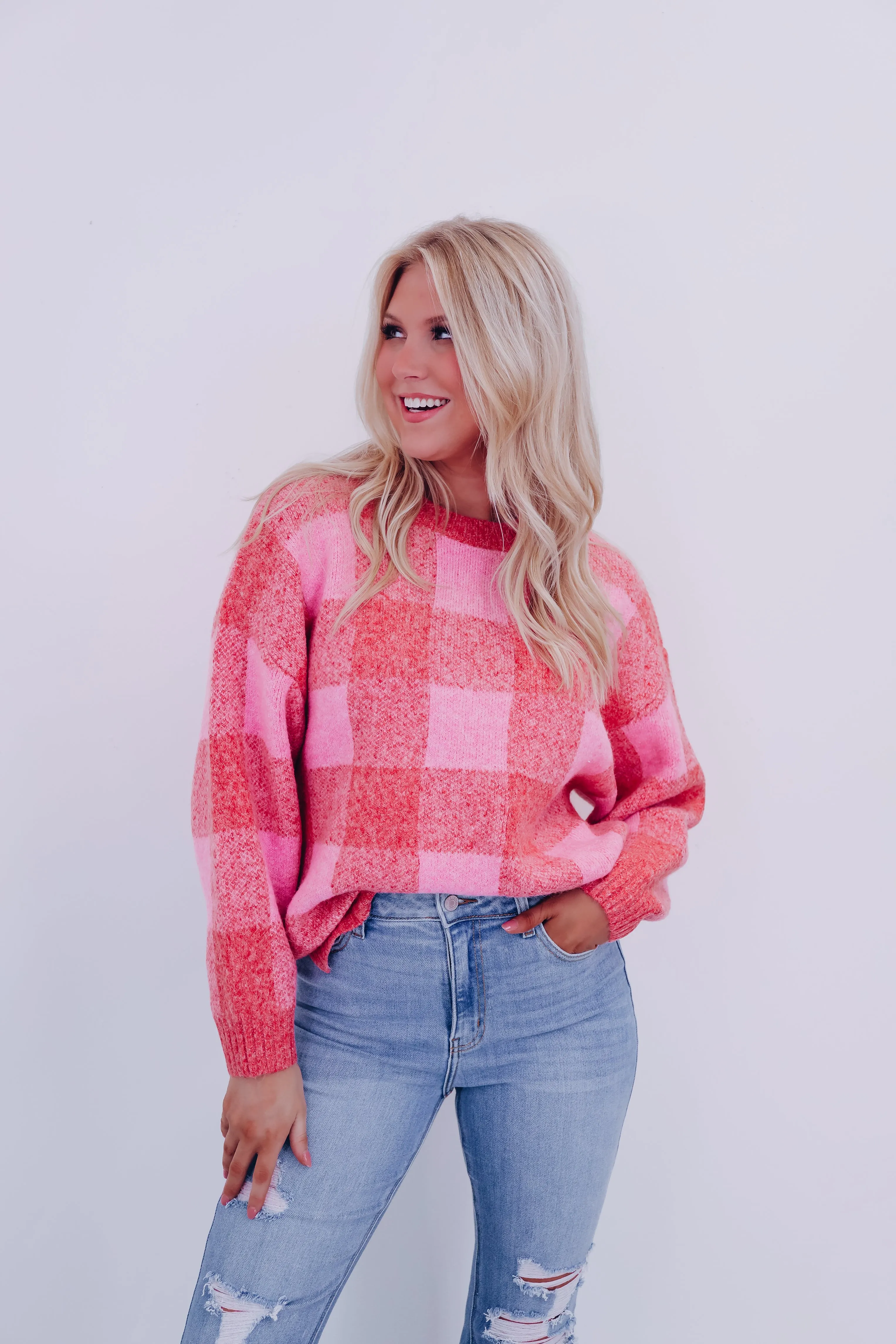 Fergie Fuzzy Checkered Sweater - Red/Pink