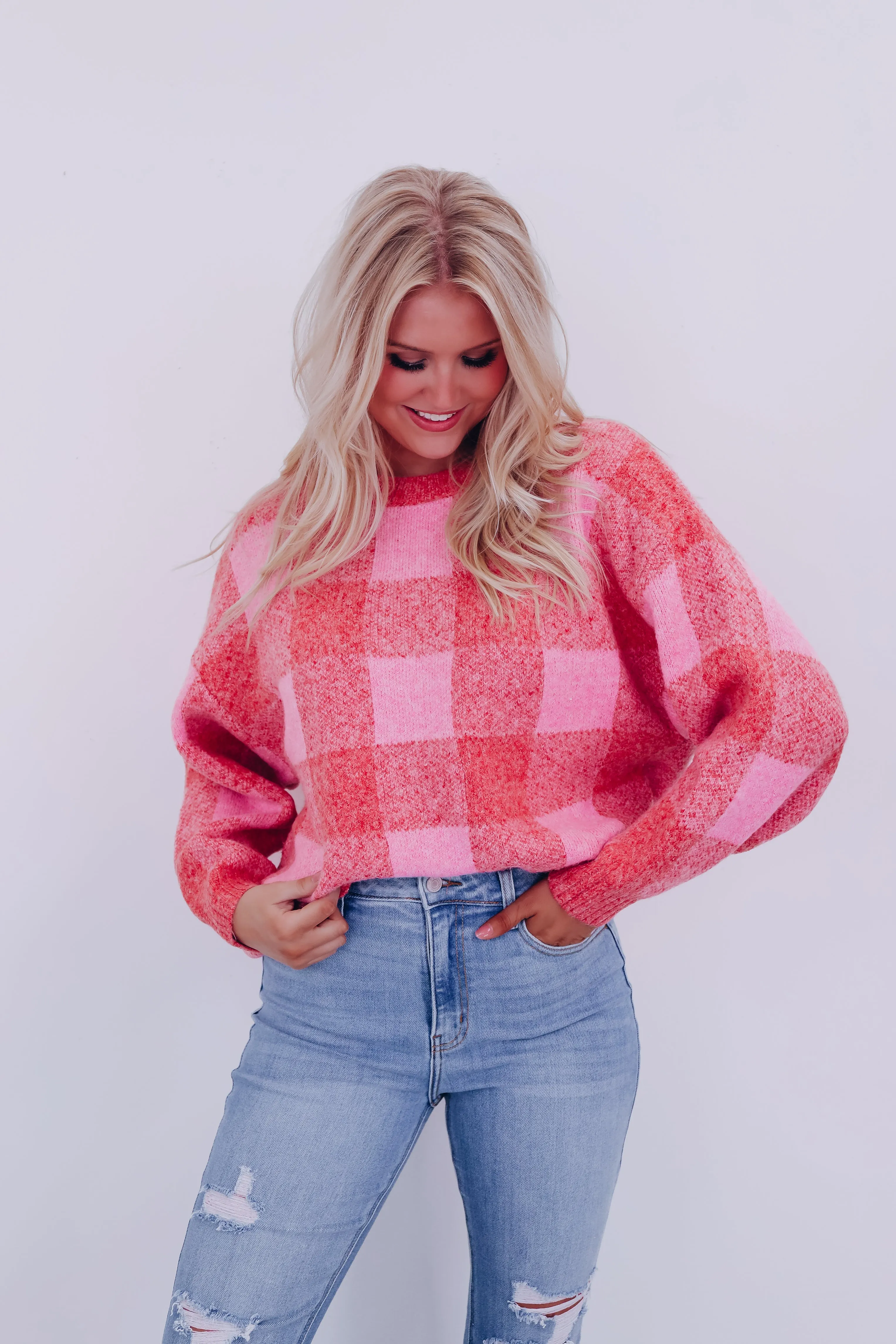 Fergie Fuzzy Checkered Sweater - Red/Pink