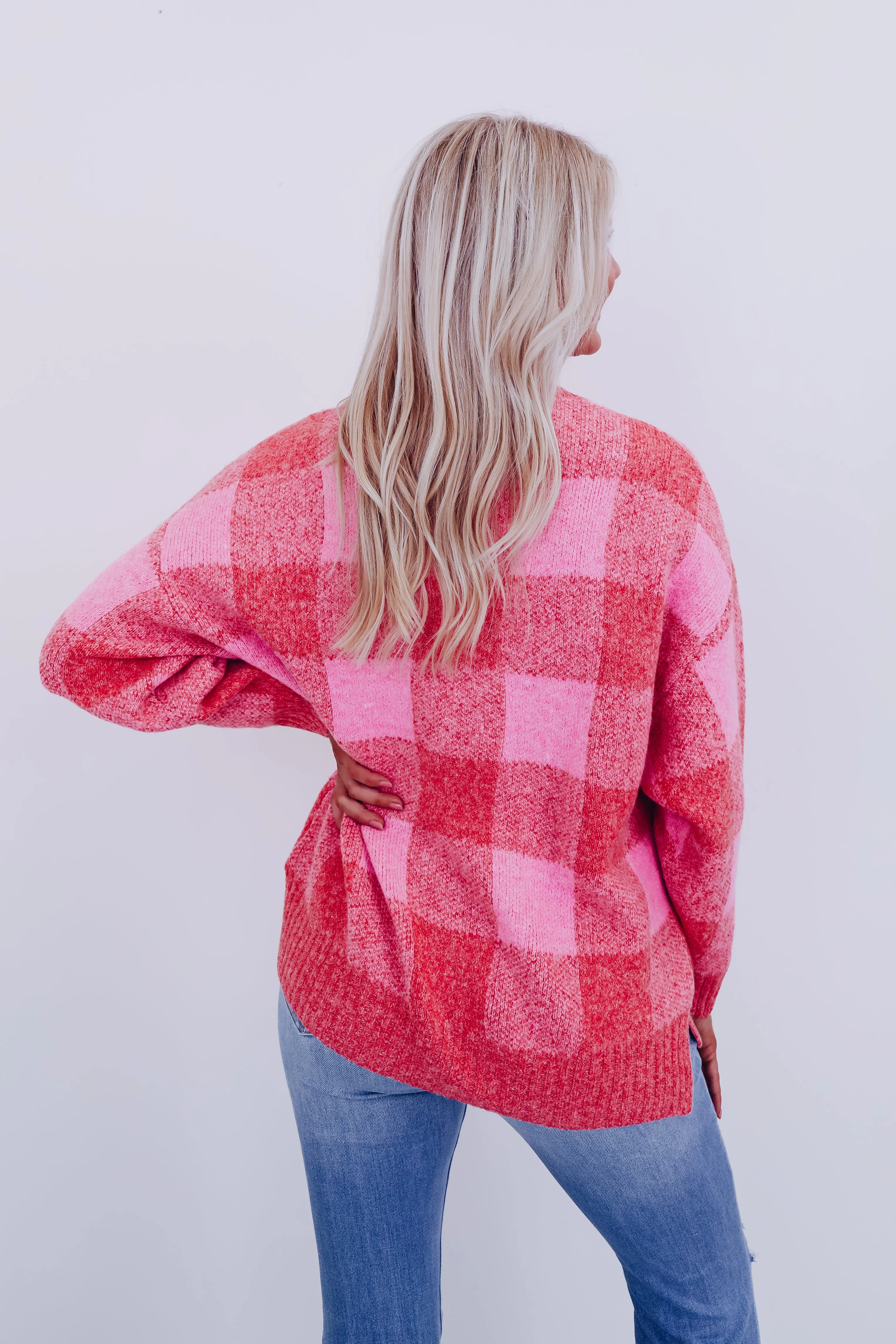 Fergie Fuzzy Checkered Sweater - Red/Pink