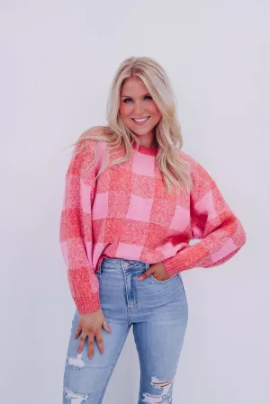 Fergie Fuzzy Checkered Sweater - Red/Pink