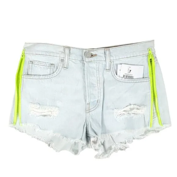 Free People x Sandrine Rose Distressed Denim Shorts with Yellow Zippers