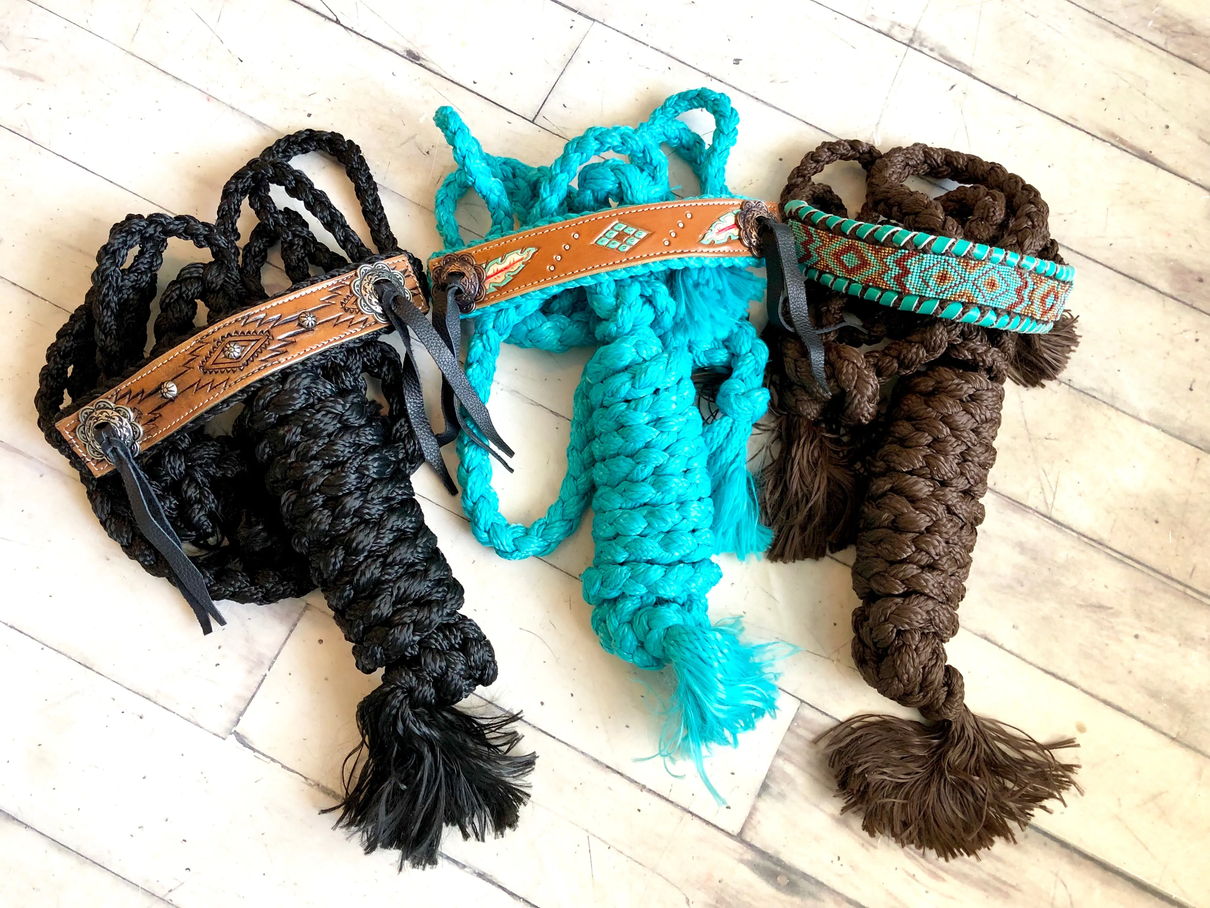 Leather Aztec Tooled Noseband on Black Nylon Muletape