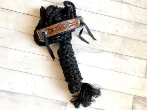 Leather Aztec Tooled Noseband on Black Nylon Muletape