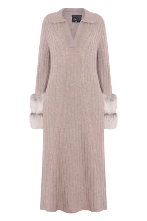 Long Cable Knit Dress with Cuffs in Rice Flower