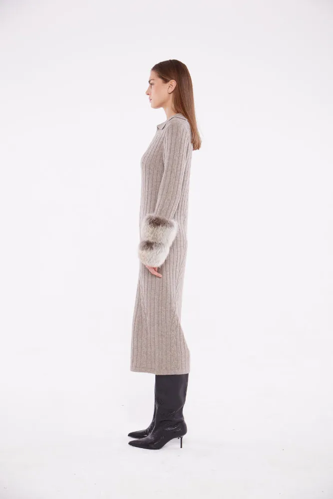 Long Cable Knit Dress with Cuffs in Rice Flower