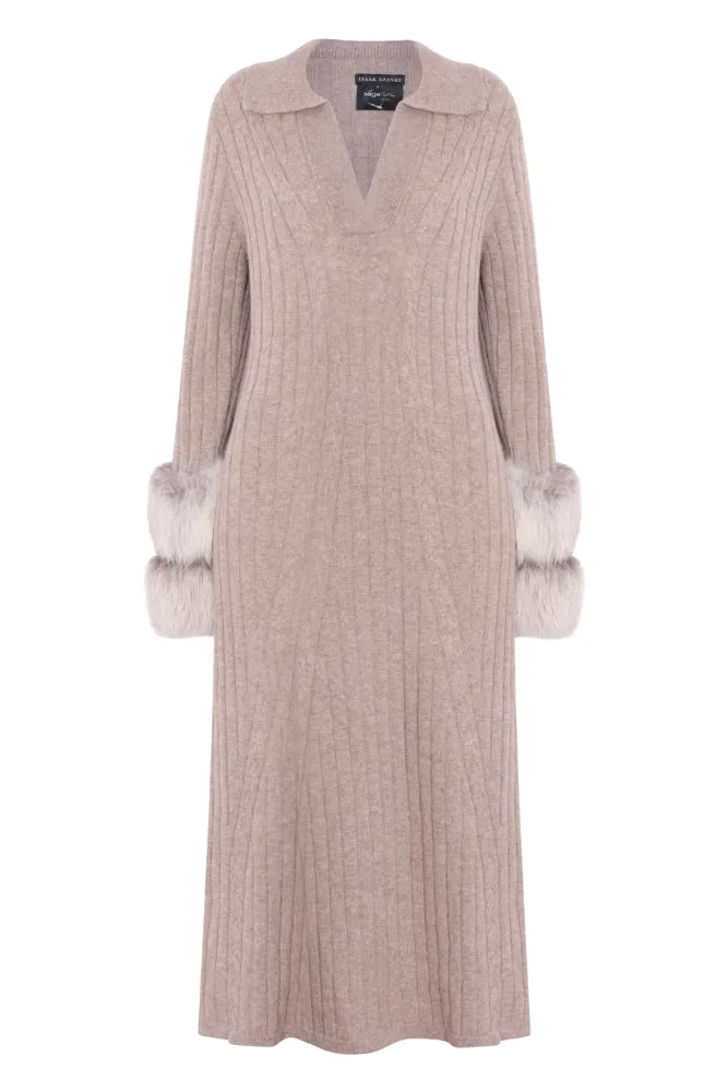 Long Cable Knit Dress with Cuffs in Rice Flower