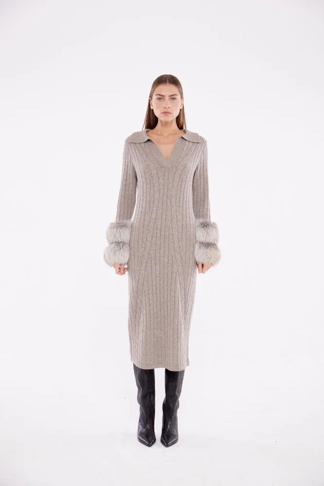 Long Cable Knit Dress with Cuffs in Rice Flower