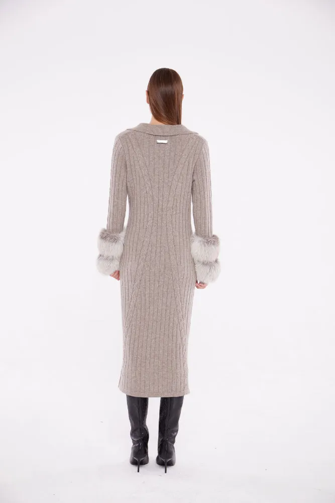 Long Cable Knit Dress with Cuffs in Rice Flower