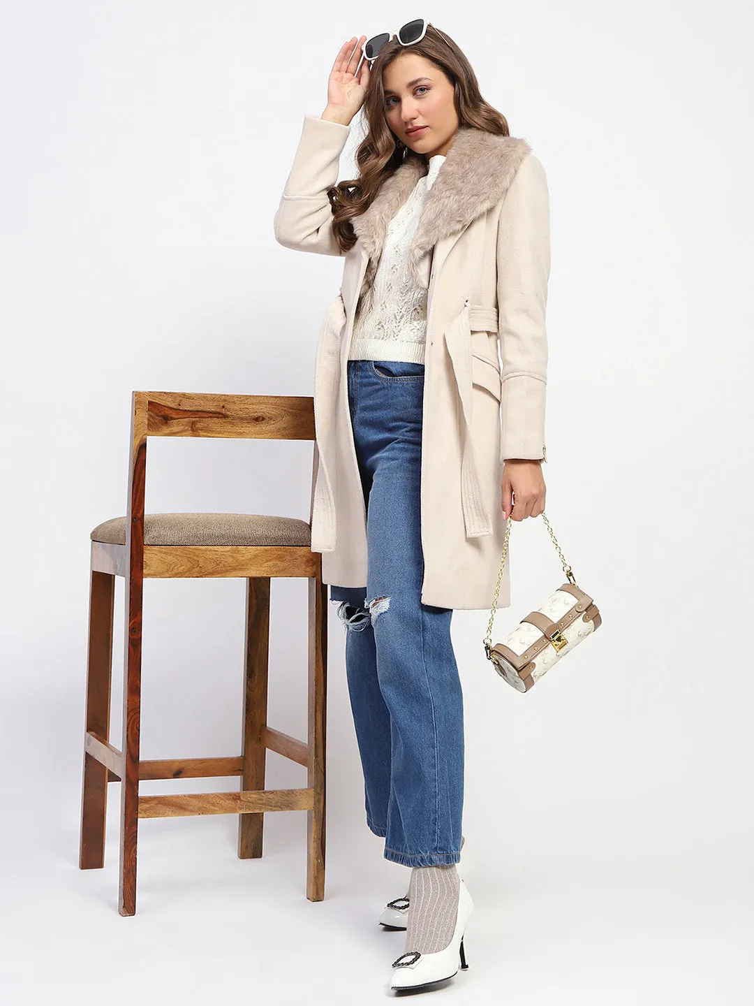 Madame Shanaya Kapoor Belted Off White Plush Fur Lapels Long Coat