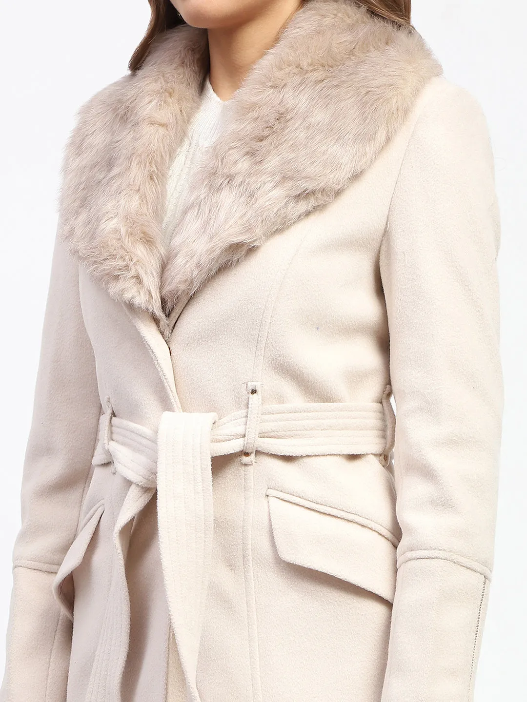 Madame Shanaya Kapoor Belted Off White Plush Fur Lapels Long Coat