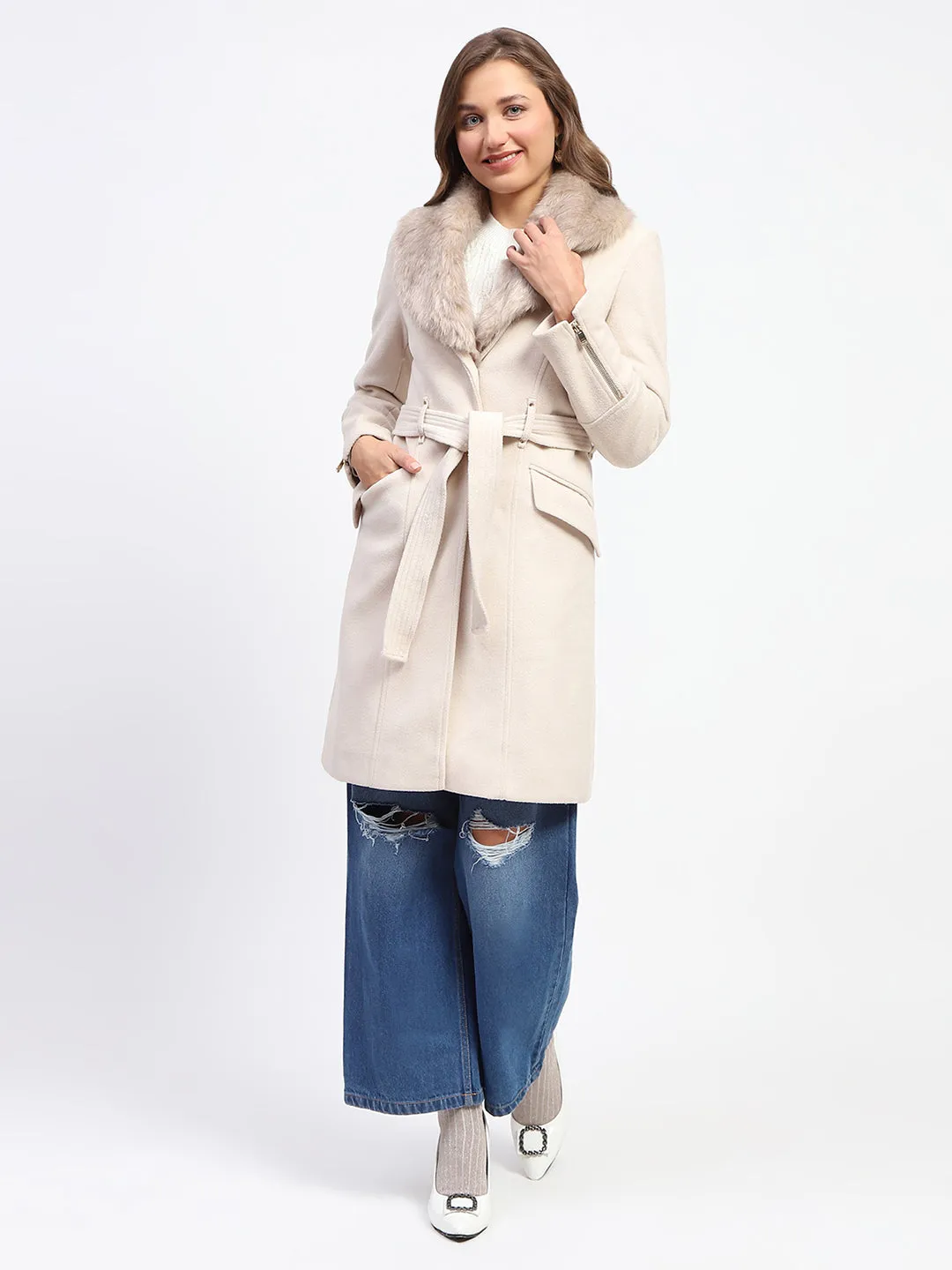 Madame Shanaya Kapoor Belted Off White Plush Fur Lapels Long Coat