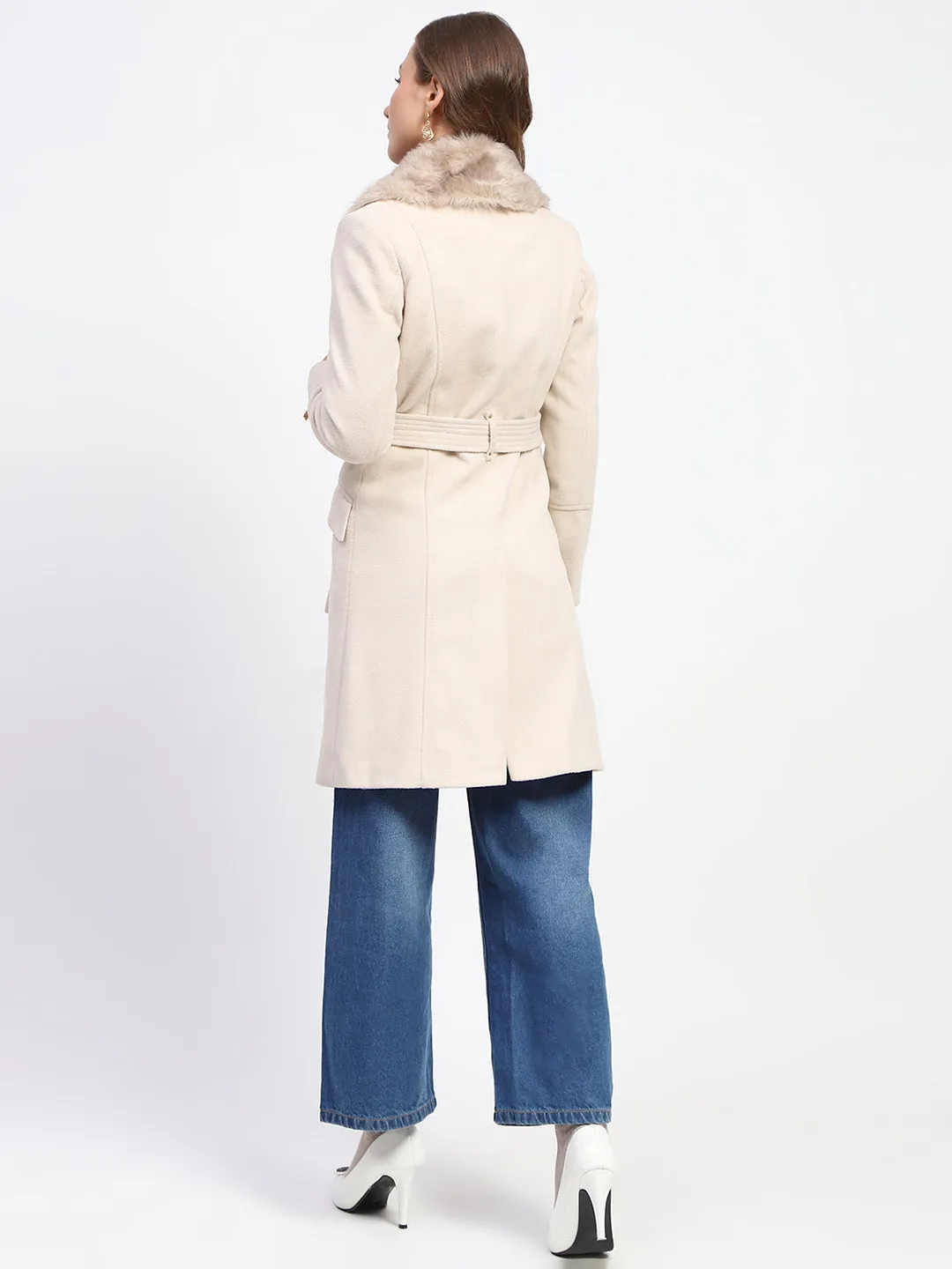 Madame Shanaya Kapoor Belted Off White Plush Fur Lapels Long Coat