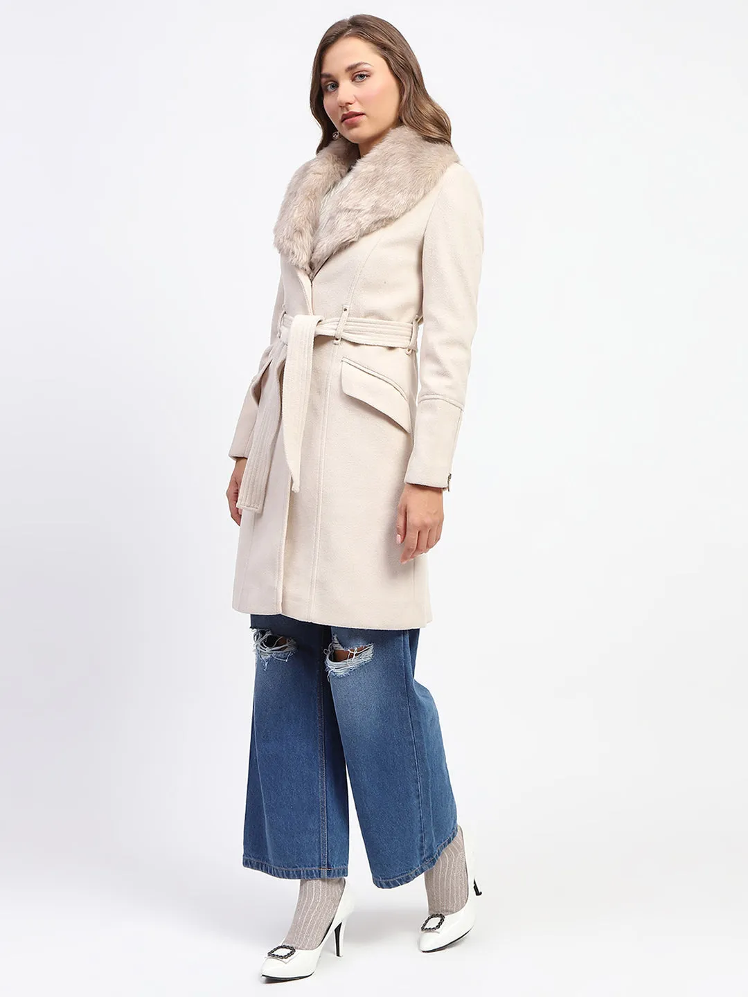 Madame Shanaya Kapoor Belted Off White Plush Fur Lapels Long Coat