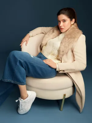 Madame Shanaya Kapoor Belted Off White Plush Fur Lapels Long Coat