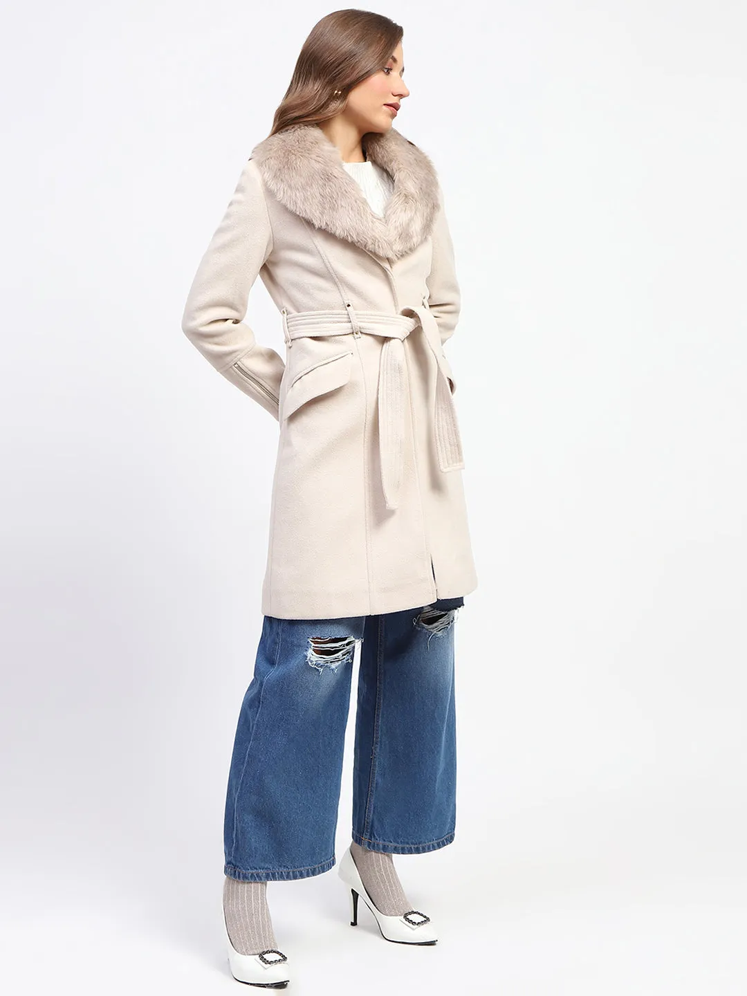 Madame Shanaya Kapoor Belted Off White Plush Fur Lapels Long Coat