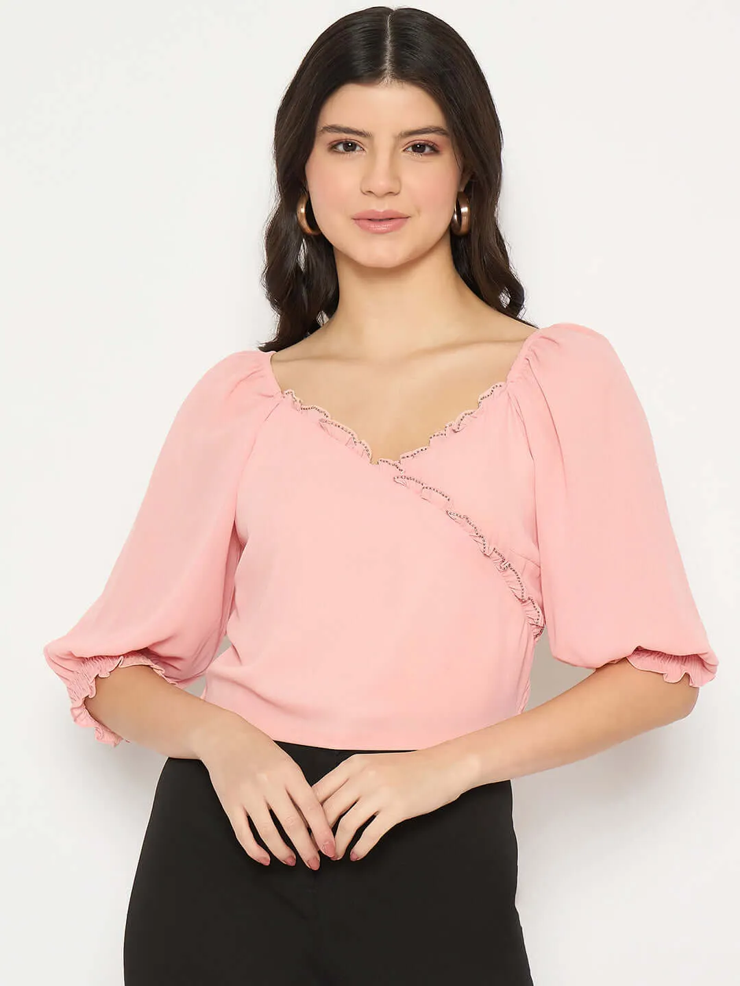 Madame Surplice Neck Peach Wrap Crop Top