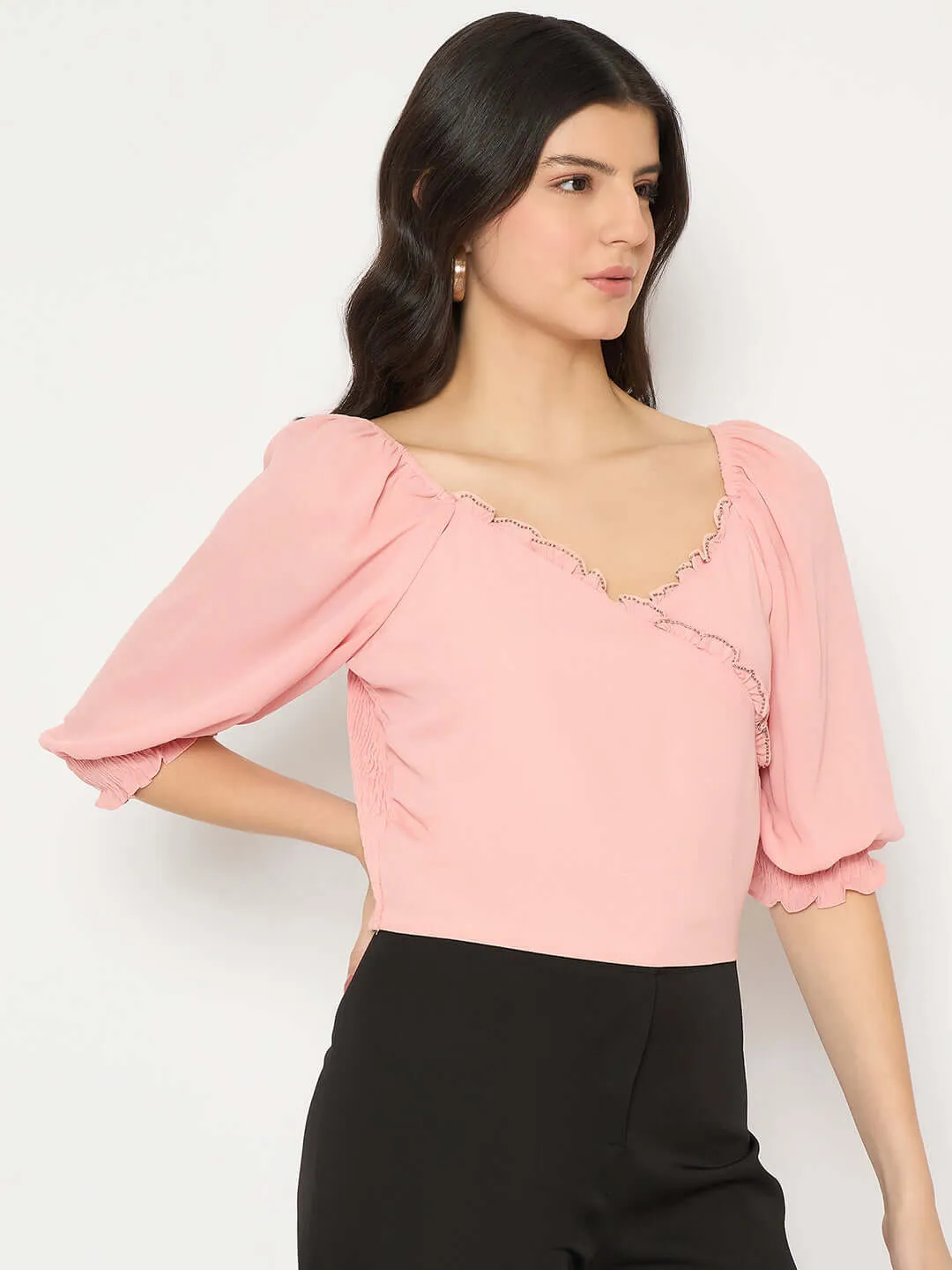 Madame Surplice Neck Peach Wrap Crop Top