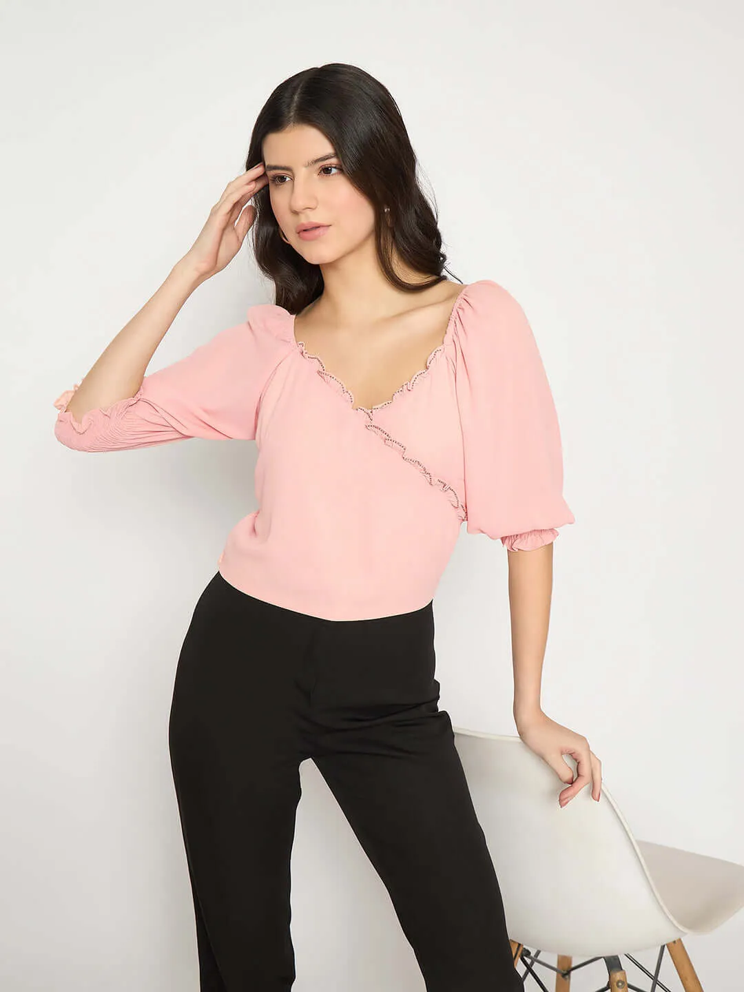 Madame Surplice Neck Peach Wrap Crop Top