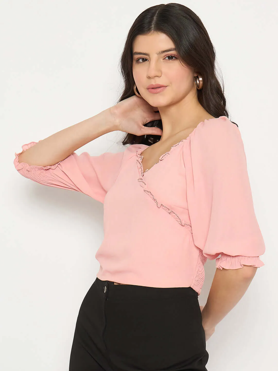 Madame Surplice Neck Peach Wrap Crop Top